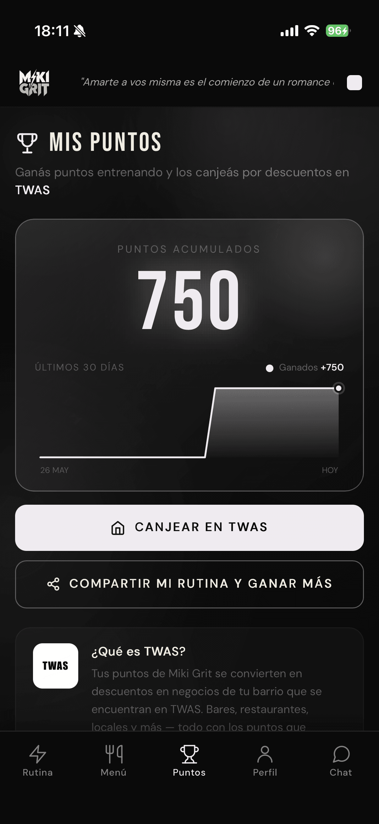 Pantalla de Miki Points acumulados en la app