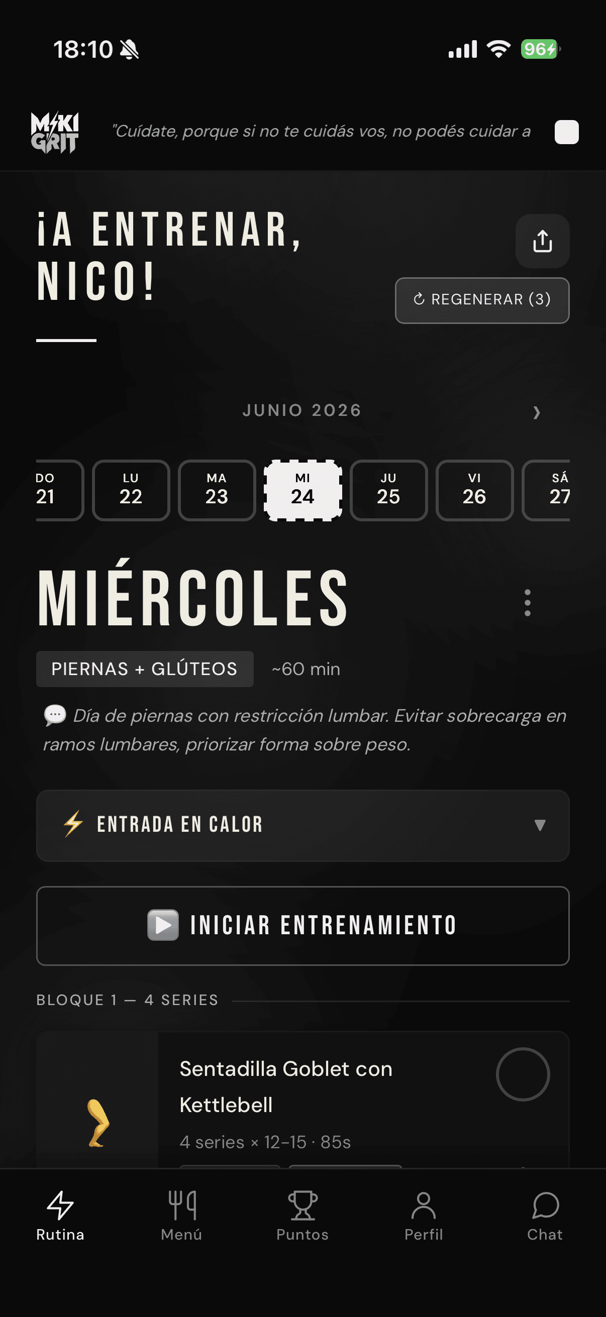 Pantalla de rutina del día en la app Miki Grit